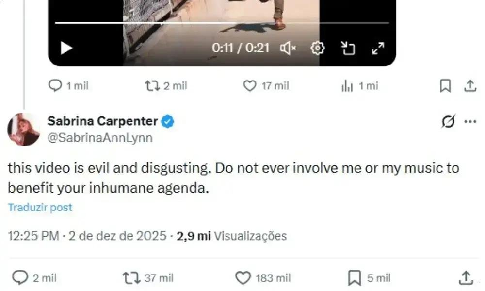 Sabrina Carpenter critica uso de sua música em propaganda anti-imigração