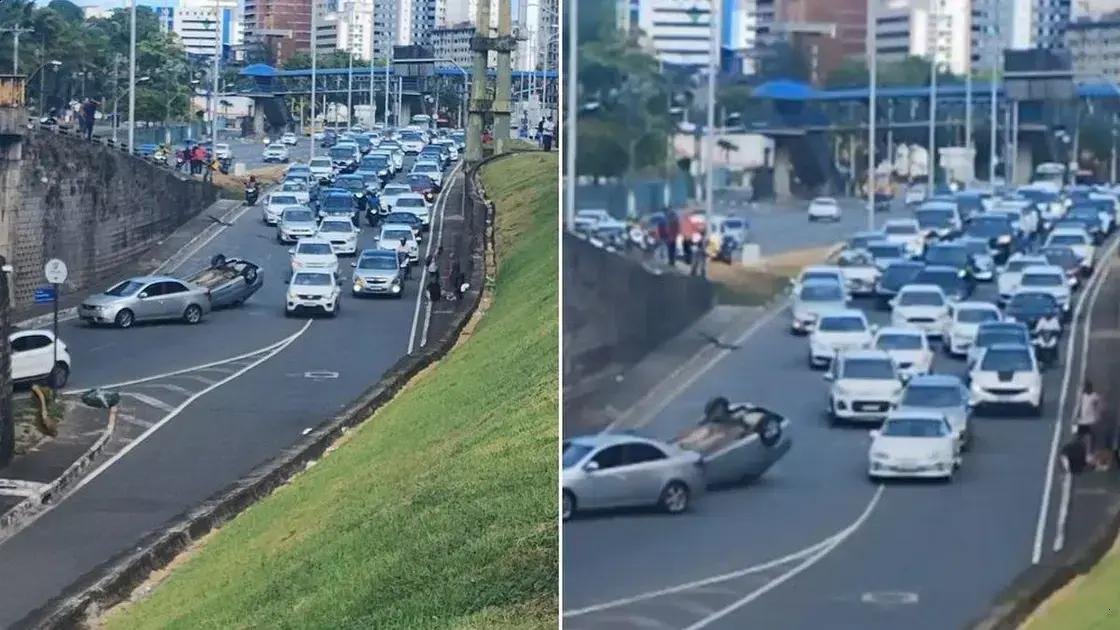 Carro capota em movimento intenso na avenida do bairro nobre em Salvador