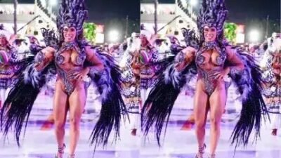 Evelyn Basttos se atrasa na Sapucaí e usa pneu como antiderrapante