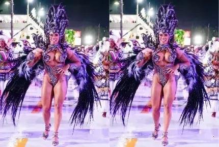 Evelyn Basttos se atrasa na Sapucaí e usa pneu como antiderrapante