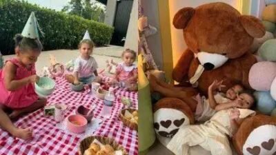 Neymar mostra as três filhas em piquenique caseiro com ursinhos