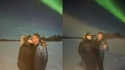 Wesley Safadão e Thyane Dantas: clima romântico sob a aurora boreal