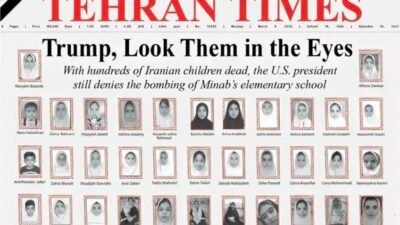 Tehran Times publica capa com 100 retratos de crianças mortas em Minab